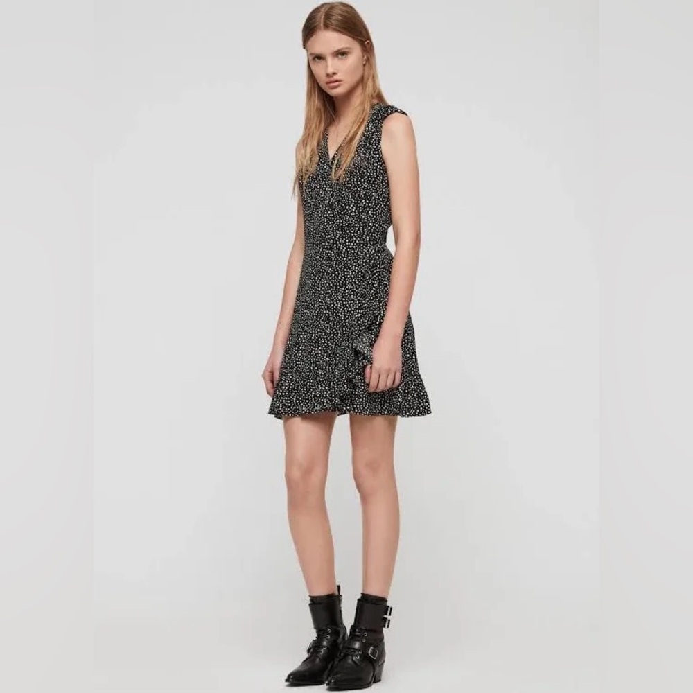 All Saints Krystal Splash Wrap Dress in Black and White